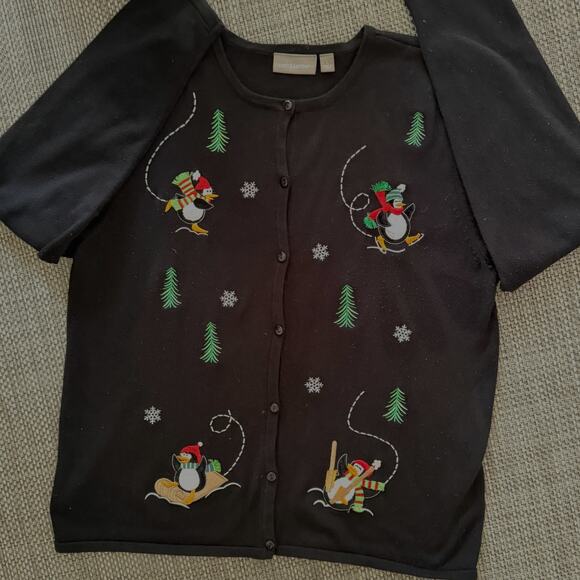 CROFT & BARROW NWOT Cotton Penguins Ugly Christmas Cardigan Sweater L Black - Picture 1 of 6